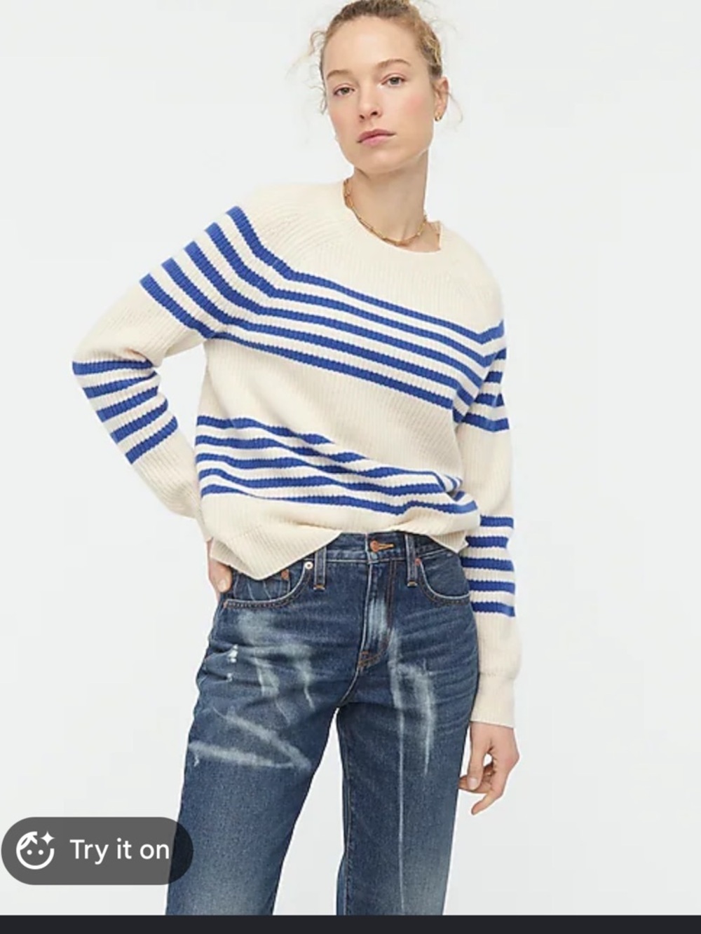 J.Crew 100% Cashmere Blue Stripe Crewneck Sweater XXL Coastal Nautical Luxury